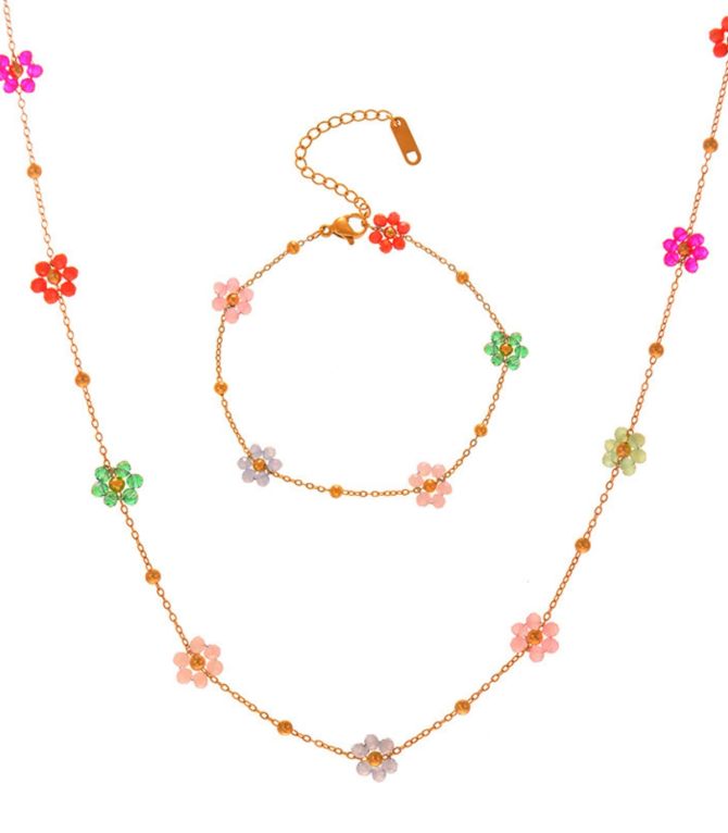 Collar y brazalete flores multicolor