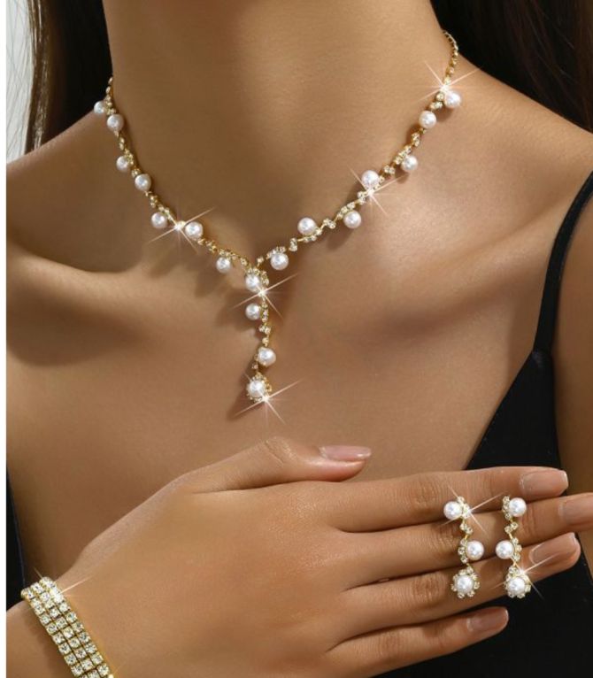 Collar y aretes gold diamond pearl