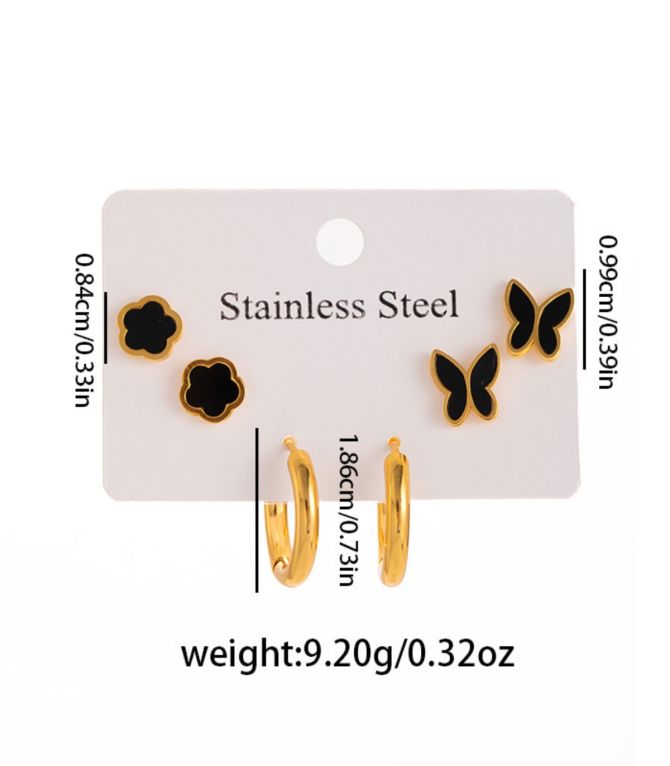 Aretes set negro mariposas y flores