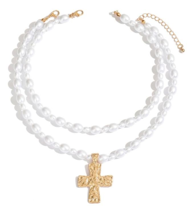 Collar pearl beaded cross double