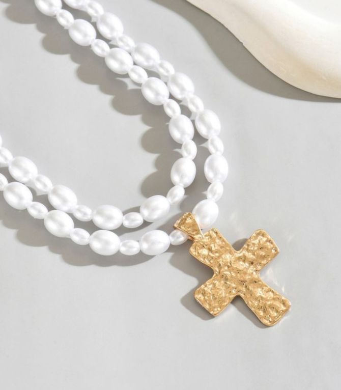 Collar pearl beaded cross double