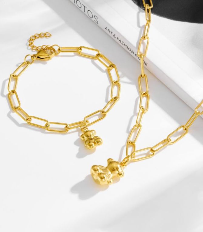 Set collar y brazalete oso dorado