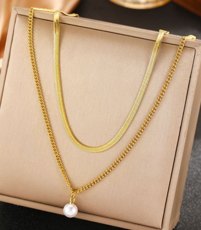 Collar gold doble con perla