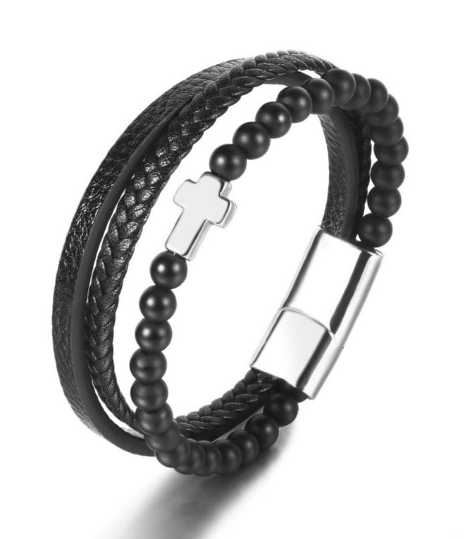 Brazalete negro cruz plata