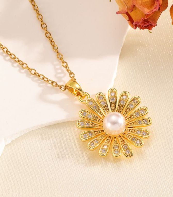 Collar gold diamond pearl flower