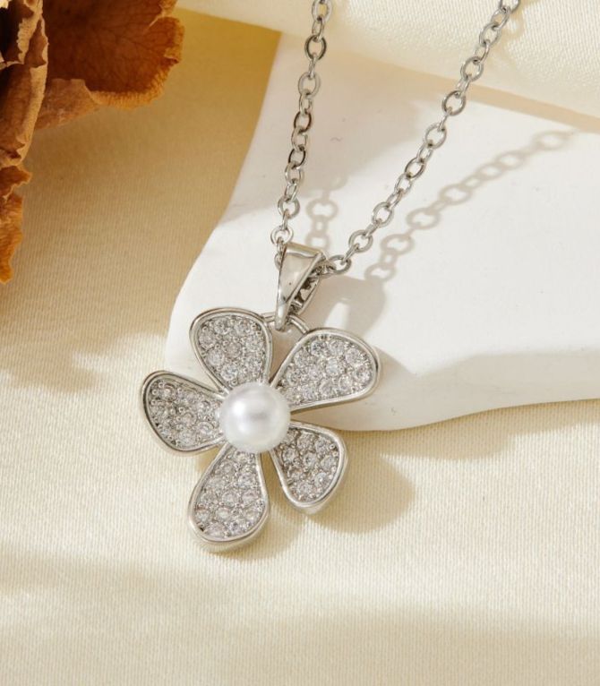 Collar plata flor con perla
