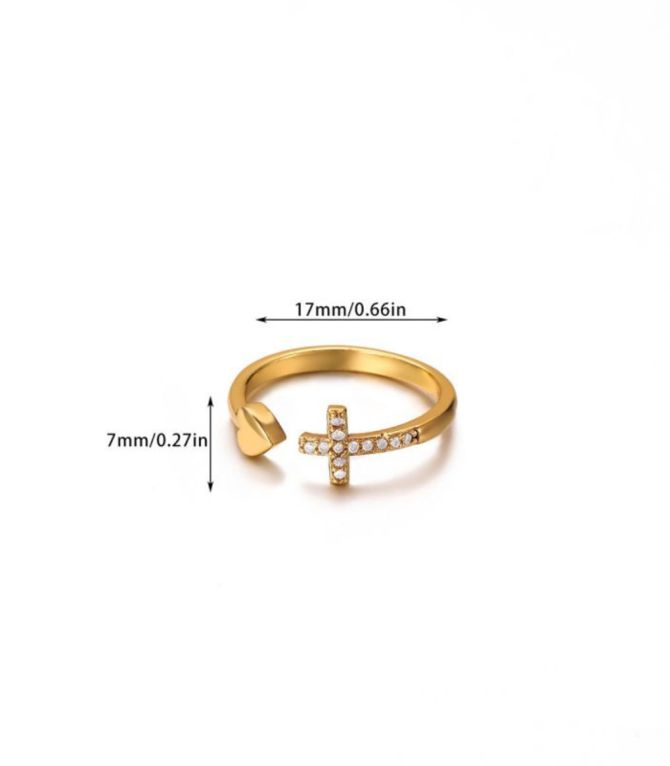 Anillo cruz y corazon dorado