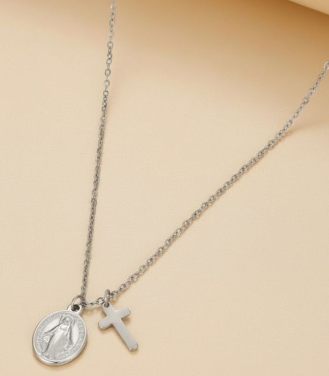 Collar plata cruz y virgen