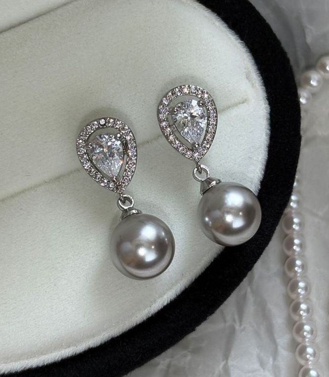 Aretes silver gray diamond pearl