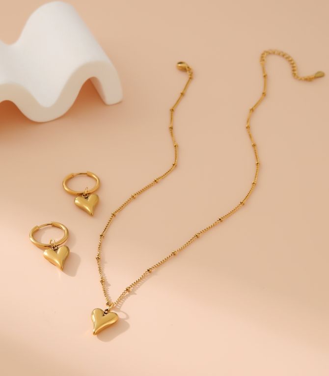 Collar y aretes set dorado corazon
