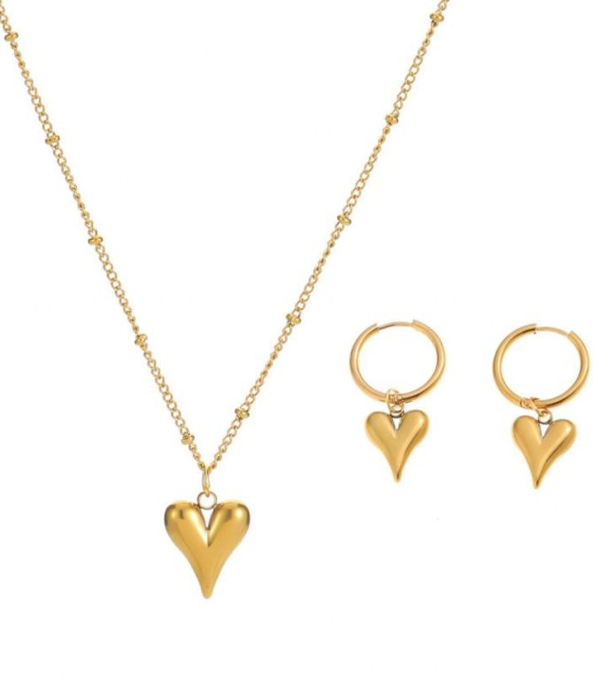 Collar y aretes set dorado corazon